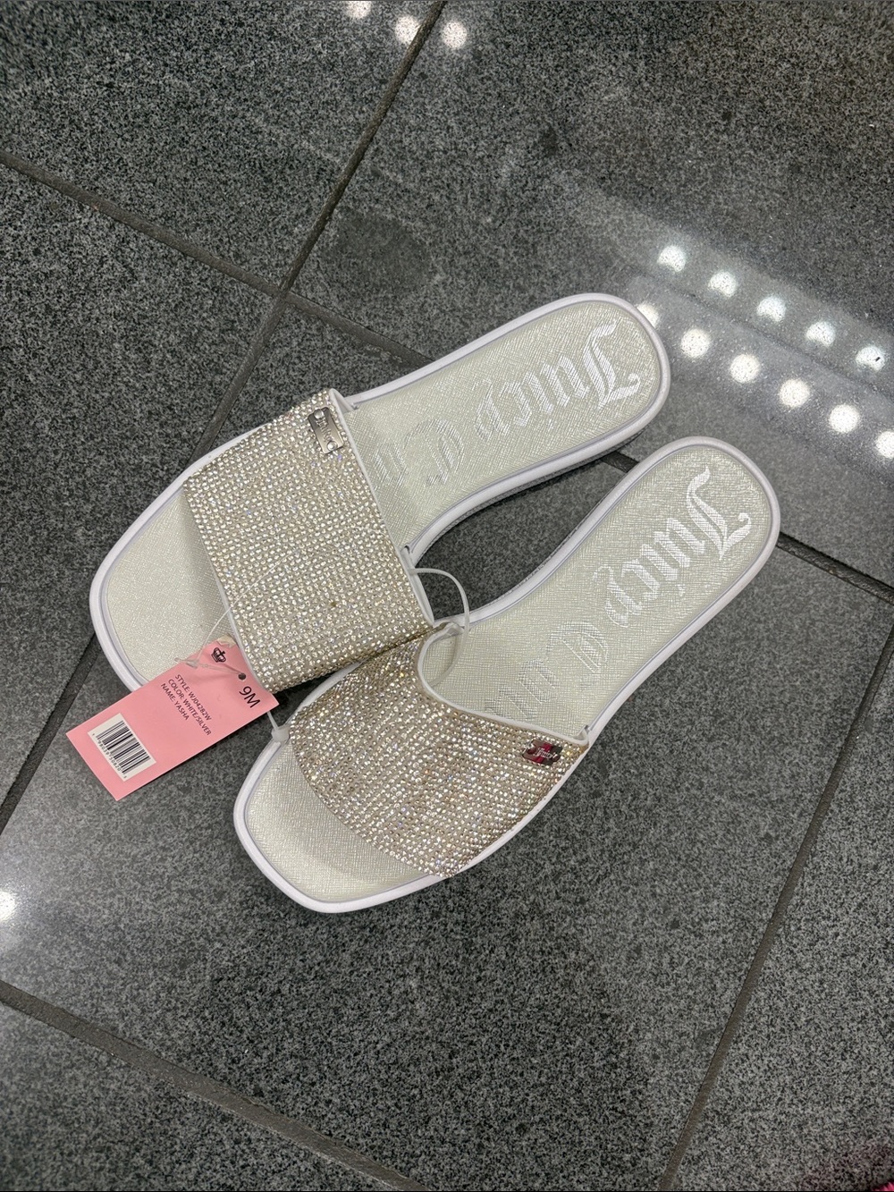 Juicy Couture Crystal-Embellished Ivory Slide Sandals